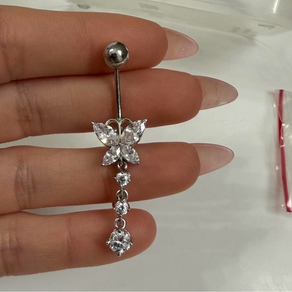 14k Solid Gold Dangle Butterfly Belly Button Ring,